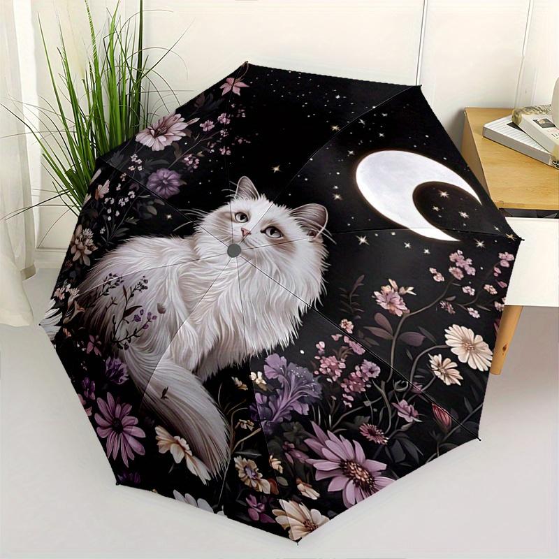 

1pc Starry Sky and White Cat Durable Cartoon Folding Umbrella, Portable 3-Fold Compact Umbrella for Men and Women, Suitable for Travel or Da