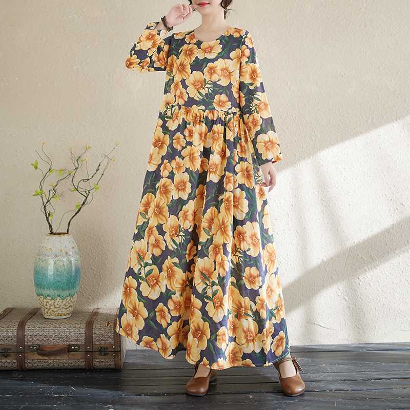 New Floral Vacation Style Travel Round Neck Vintage Long Flesh Covering Dresses