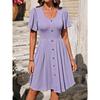Summer Women's Round Neck Button Stretch Casual Temperament Short Sleeve Dress