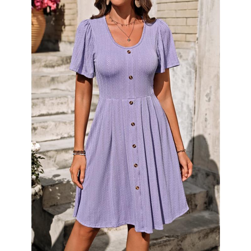 Summer Women's Round Neck Button Stretch Casual Temperament Short Sleeve Dress