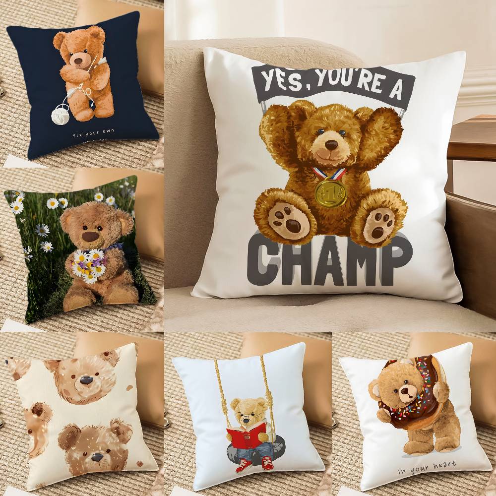 Childish-hearted And Friends Teddy Bear-B Pillow Case Comfort Sofa Bed Silky Elegant Invisible Zipper Decorative Cushion Cover