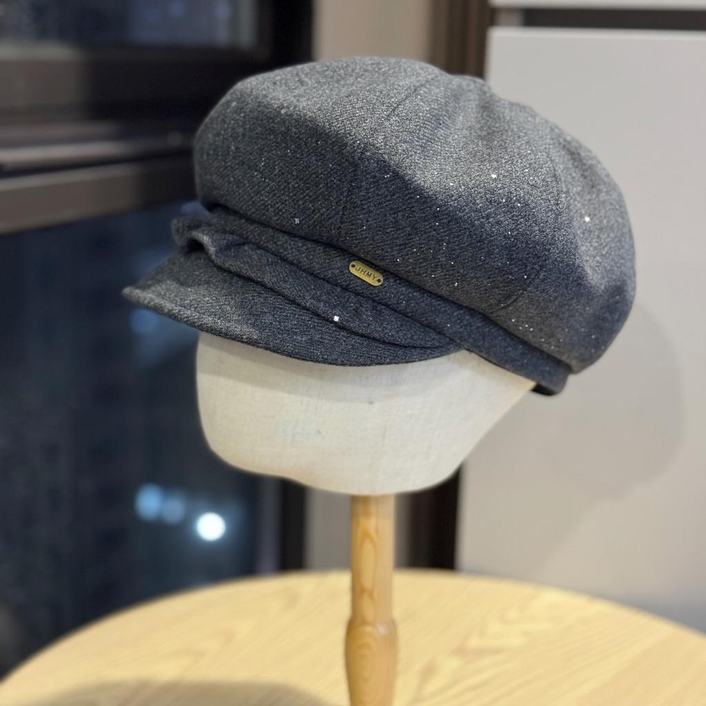 New Fashionable Sequined Pleated Edge Woolen Octagonal Hat for Women Japanese Style Sweet and Cute Face Showing Small Simple Newsboy Hat Trendy