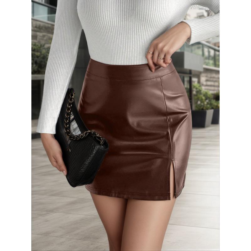 Autumn and Winter Fashion Glossy Sexy Hottie Slit Small A-swing High Waist Bag Hip PU Leather Miniskirt