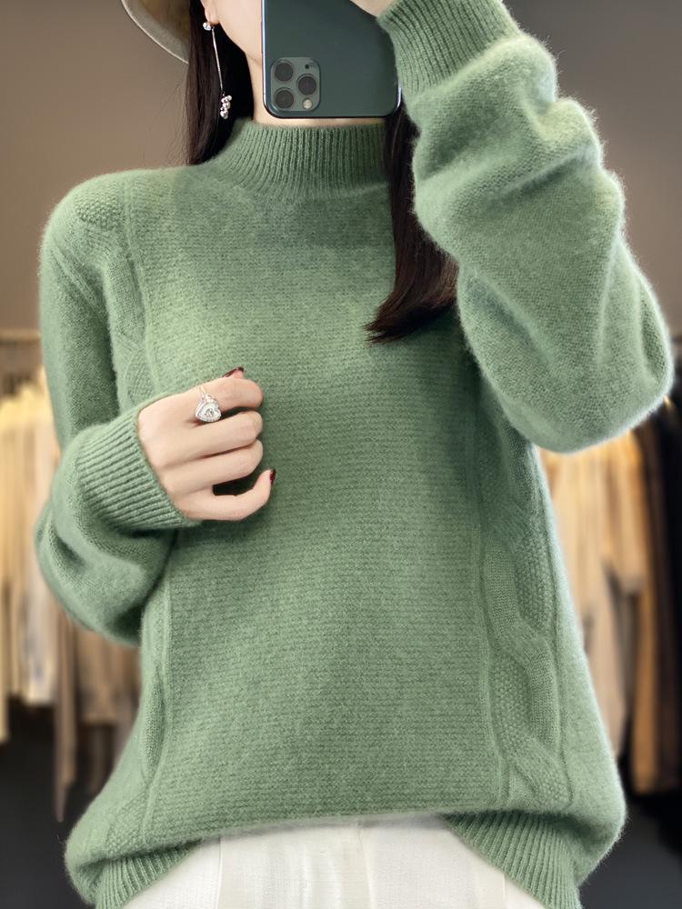 Women's Cable Knit Wool Sweater - Half-High Neck, Loose Fit, Thickened Seven-Stitch Base Layer for Autumn and Winter