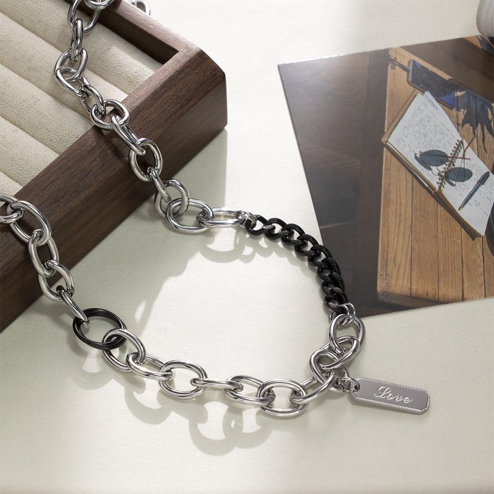Stylish Two-Color Patchwork Chain Rectangular Pendant Titanium Steel Necklace