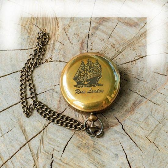 Handmade Brass Pocket Compass Engraved Ship Lid, Nautical Gift Home Decor