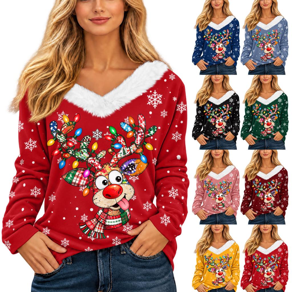 Damen Casual Langarm-Oberteil mit Weihnachtsdruck und V-Ausschnitt, mit Plüschkragen für die Feiertage