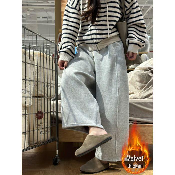 Women s Grey Fleece-Lined Wide-Leg Sports Sweatpants - Autumn/Winter Nine-Point Style L