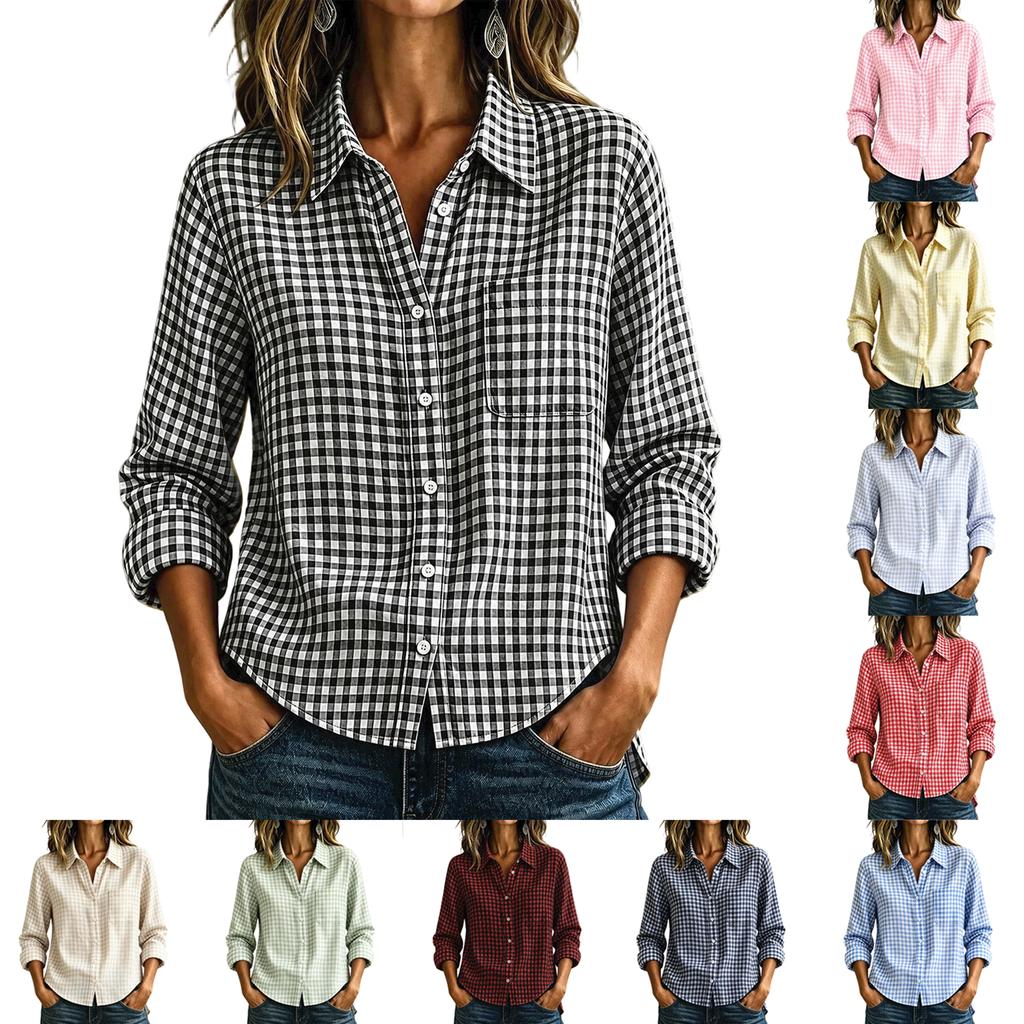 Dames geruit loszittend knoophemd met lange mouwen casual top