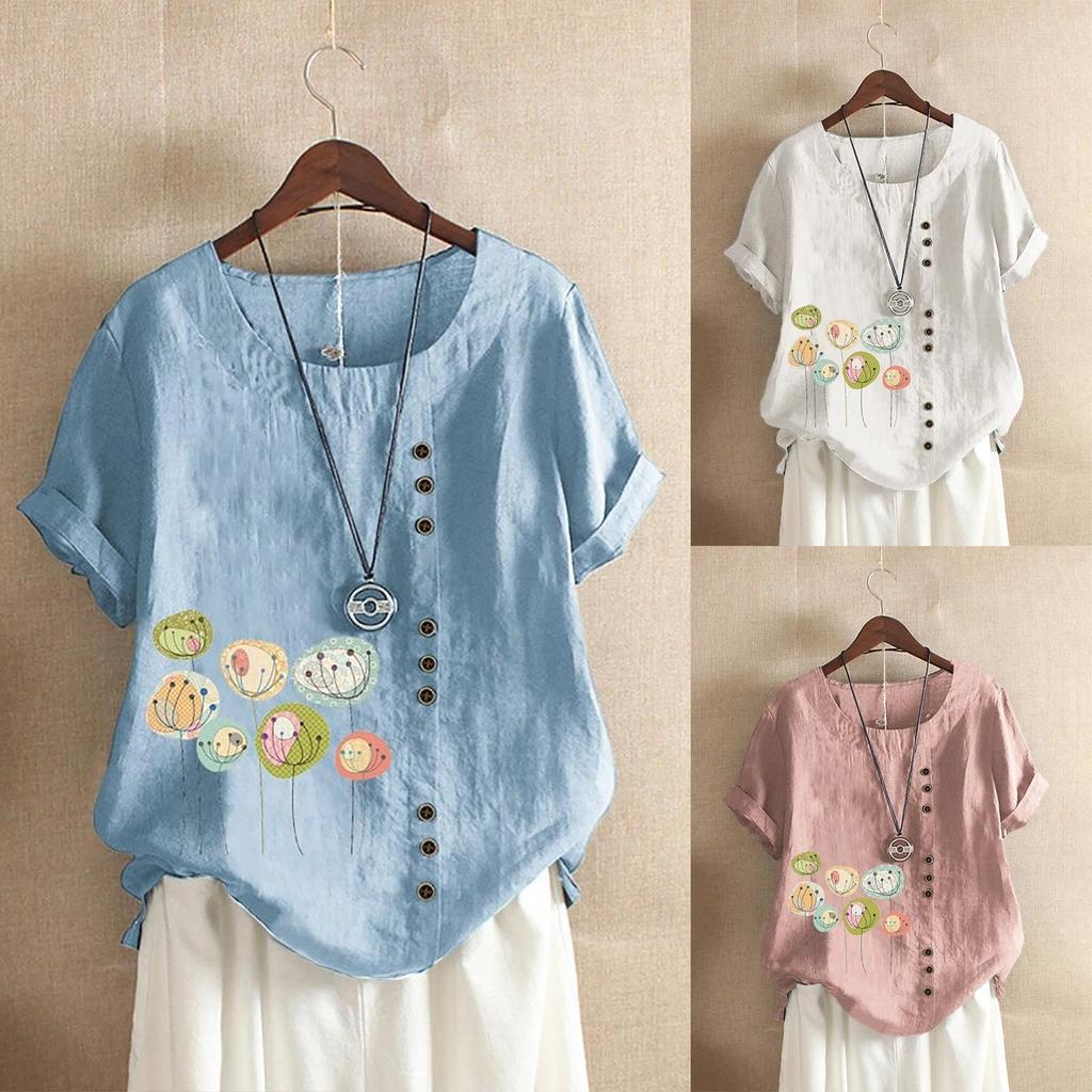 Women Casual Plus Size Printed Loose Button Tunic Shirt Blouse Tops