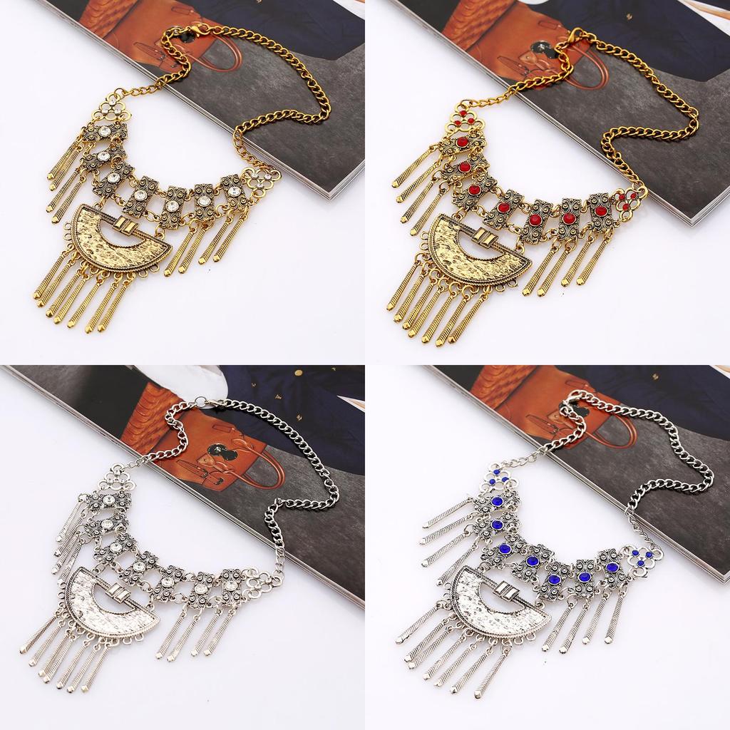 Carved Alloy Vintage Necklace With Embedded Rhinestones Decor Tassel Design