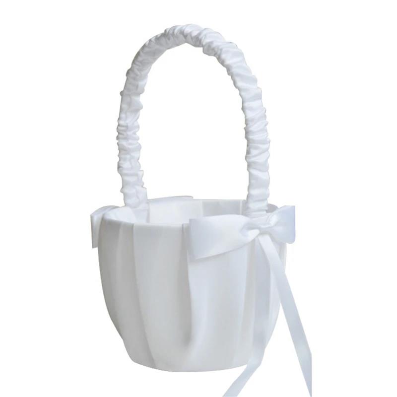 Silk White Flower Basket Handheld for Brides Girls Kids Wedding Ceremony Party Decorations Handheld Floral Basket