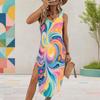 Women Plus Size Sleeveless U Neck Printed Gradient High Side Slit Curved Hem Dress