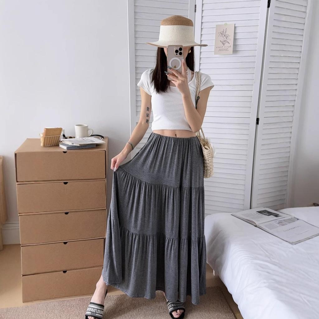 Summer Women's High Waisted Tiered Skirt Soft Modal Long Skirts Slimming Flowy Skirt Casual Fashion Versatile