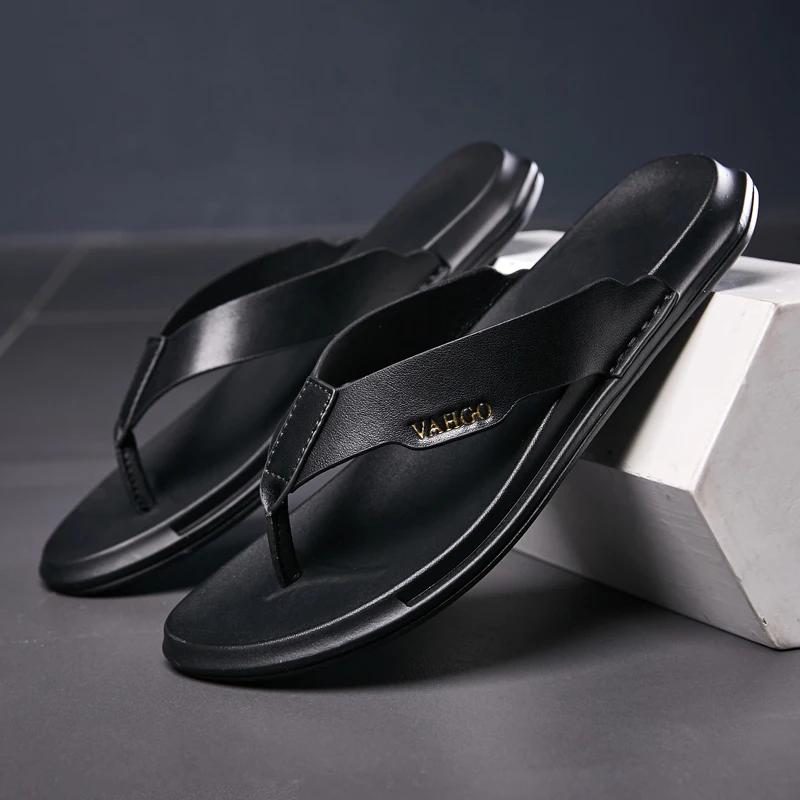 

Мужские шлепанцы, модные пляжные тапочки, повседневная летняя обувь из натуральной кожи, шлепанцы, летние туфли на плоской подошве для отдыха на открытом воздухе, дышащие пантуфли 43 чёрный