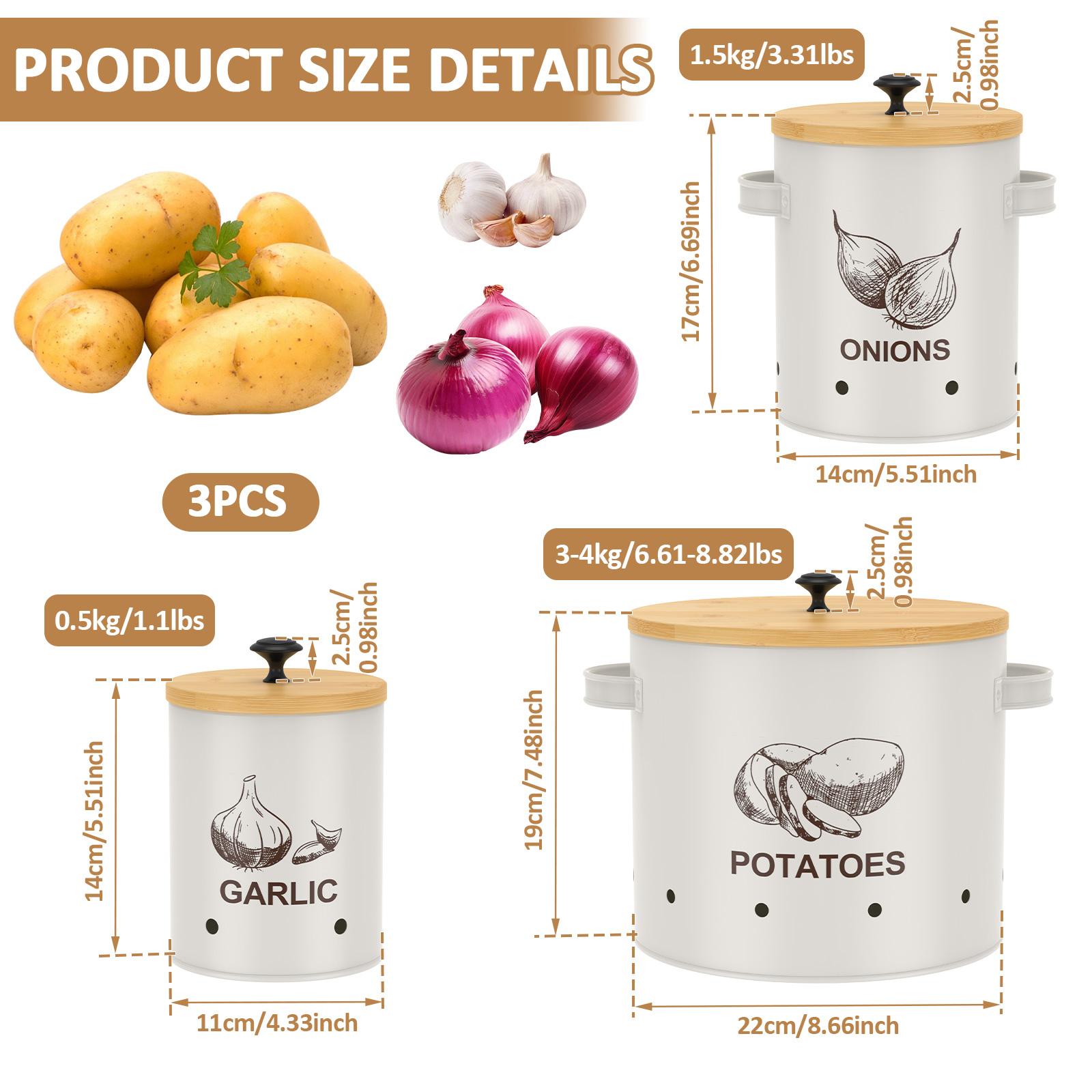 3Pcs Kitchen Countertop Vegetable Storage Tin with Bamboo Lid Stackable Potato Onion Garlic Storage jars set Kitchen Canisters