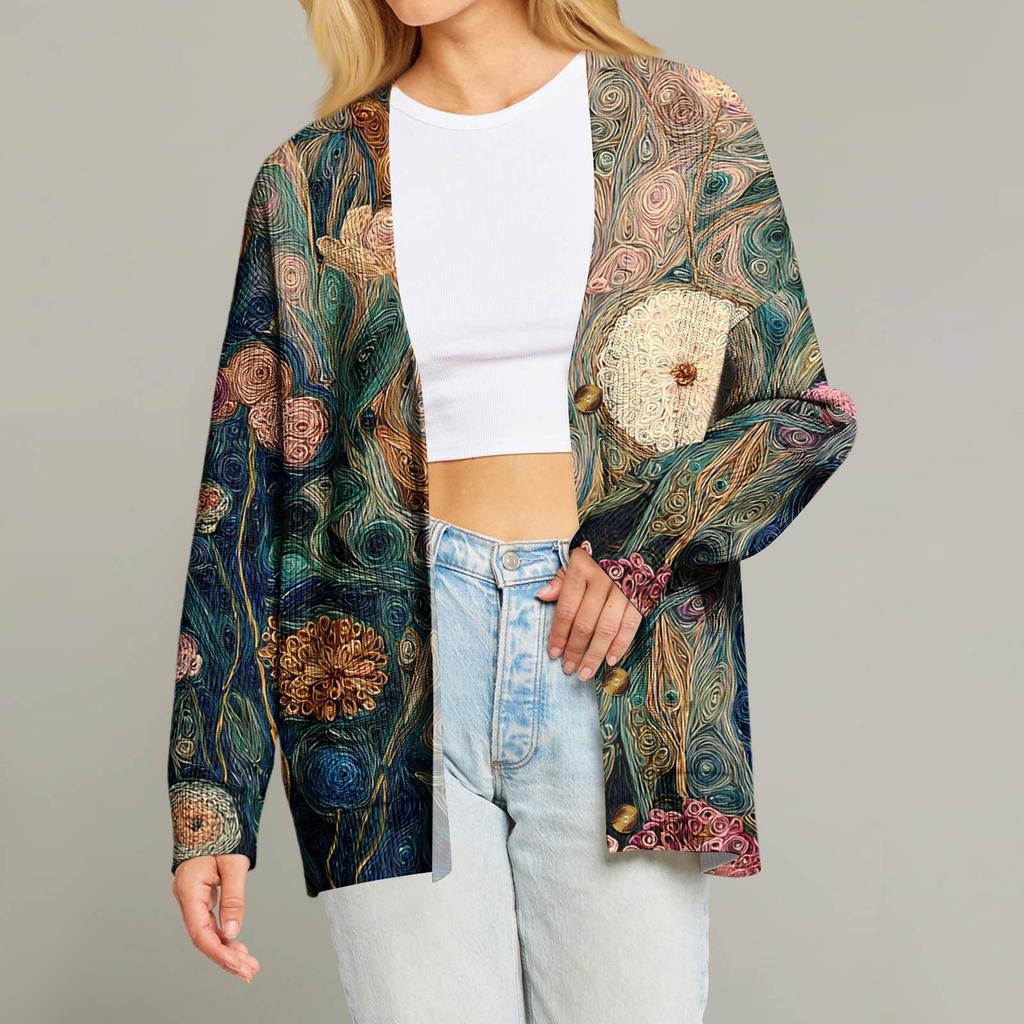 Women's Fashion Long Sleeve Christmas Print V-Neck Button Loose Cardigan Top