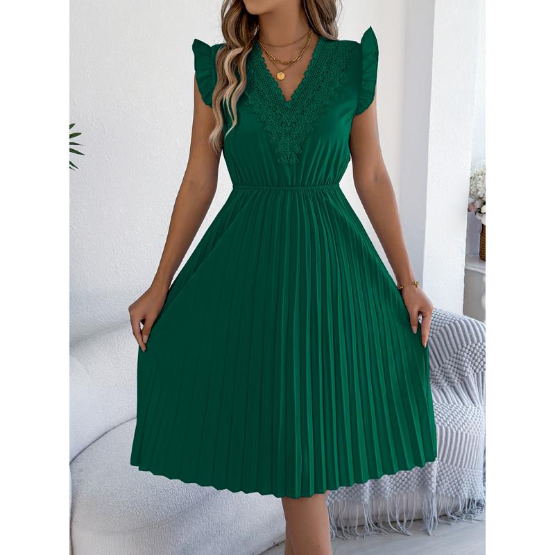 Abito Gonna Casual in Pizzo Scollo a V Vita Pieghettata Stringivita Abito Lungo da Donna Stile Streetwear Moda Transfrontaliera