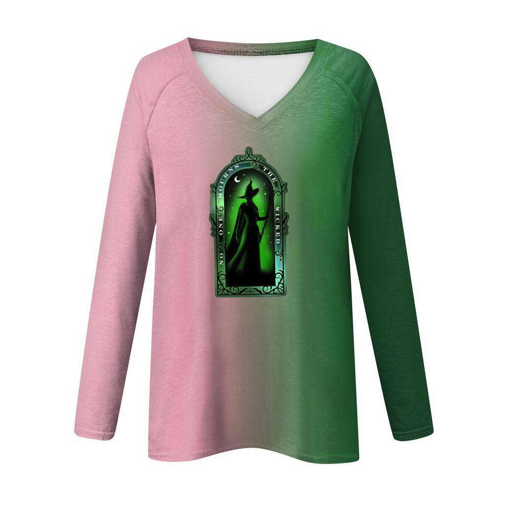 Women's Long Sleeve Plunger Sleeve  Witch Printed Casual Top T-Shirt