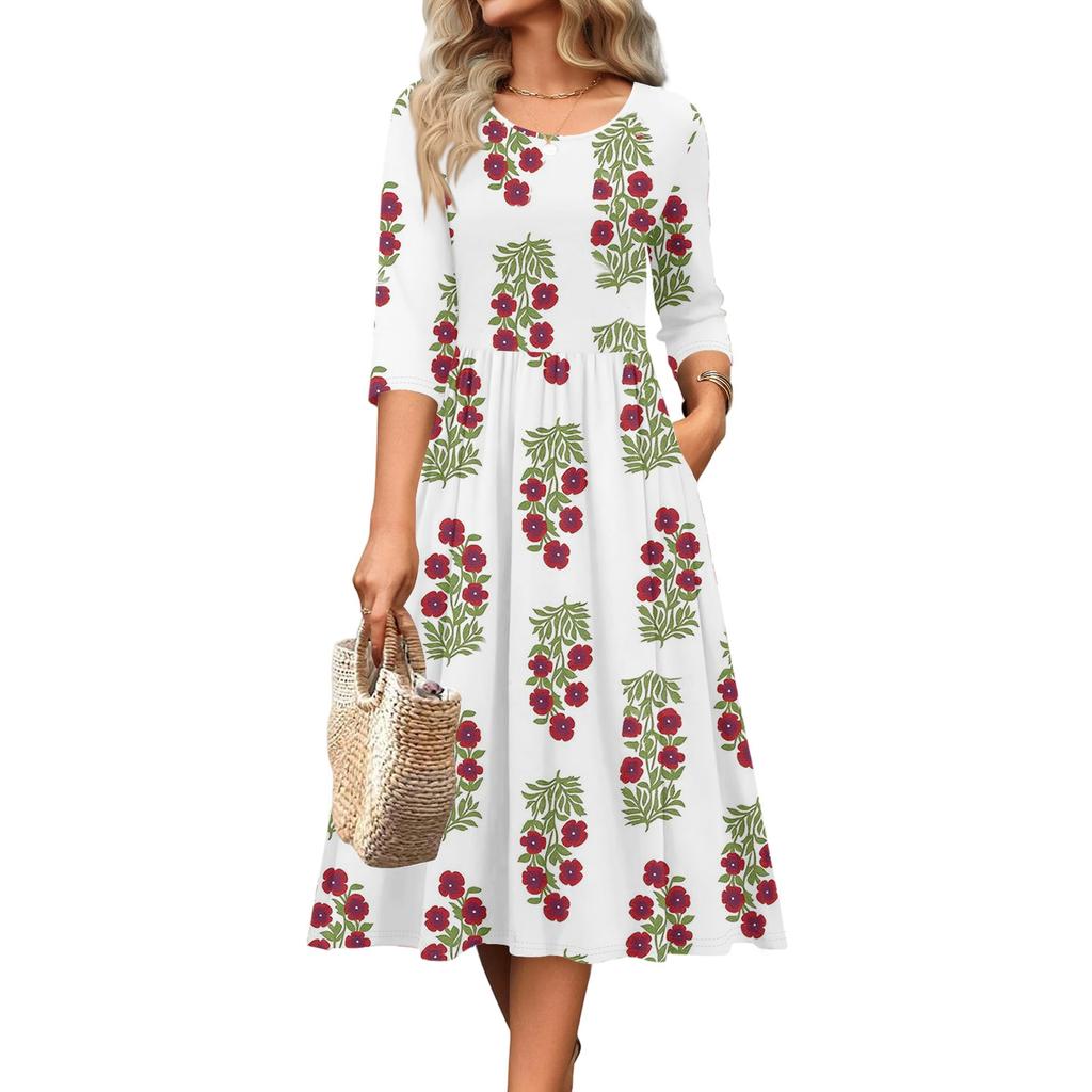 3/4 Sleeve Women's Dress Casual Flowy A-Line Midi Tshirt Dresses With Pockets Crewneck Vocation Boho Beach Sundress