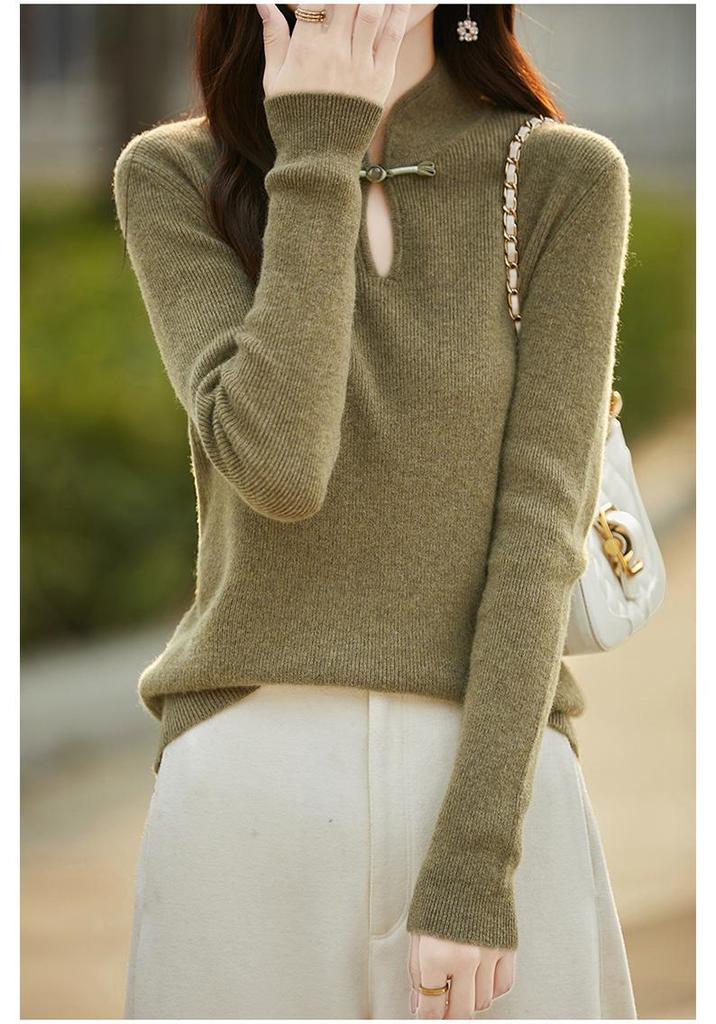 Women's Retro Chinese Style Pure Wool Button-Up Sweater - Slim-Fit Knitwear for Autumn/Winter