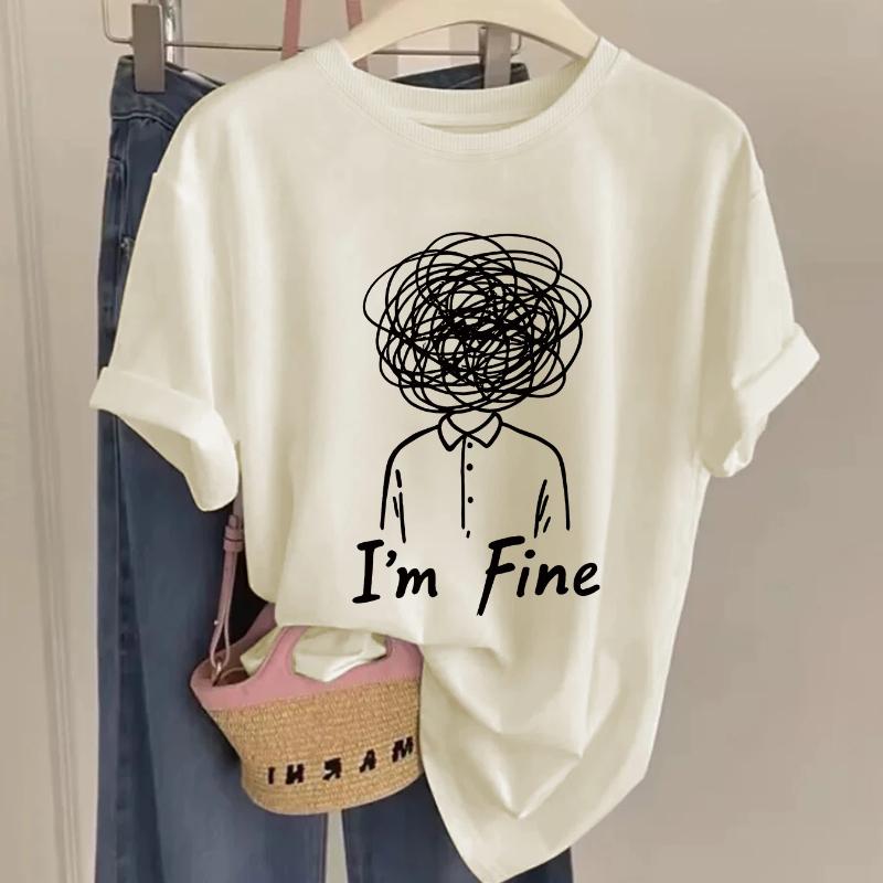 

Pattern Printed T-shirt - Short Sleeved Round Neck Casual Top, Women s T-shirt, Casual Wear, Round Neck Shirt XL бежевий