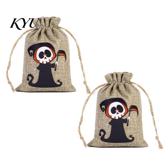 Halloween Event Favors 2PCS Drawstring Treat Bags, Cartoon Pumpkin Faux Linen Trick or Cute Candy Carriers Sacks, Kids Storage Pouches for Party