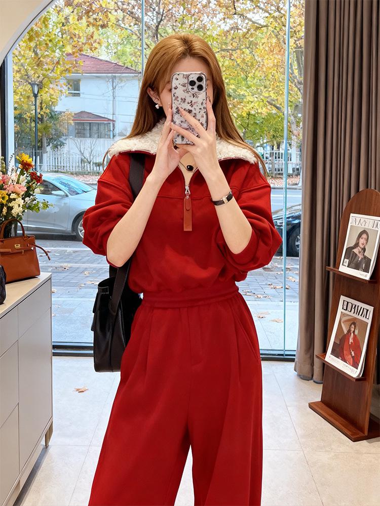 Tuta sportiva casual da donna invernale rossa 2025: Completo due pezzi con felpa spessa in velluto e pantaloni a gamba larga
