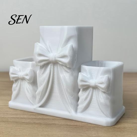 Aesthetic Desk Decor for Girls 3D Printed Makeup Storage Box with Bow Design, Desktop Cosmetic Organizer Cosmetics Vanity Table, Three Compartments