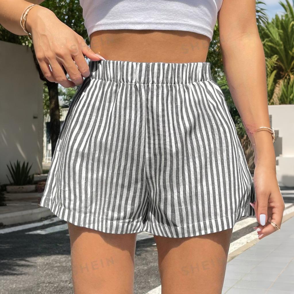 Damen Baumwollshorts Gestreift Elastischer Bund Pyjamahose Lounge Schlafshorts mit Taschen Sommerkleidung