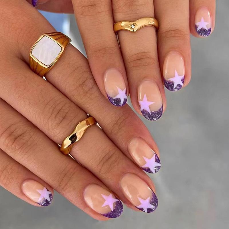 24Pcs Brown French Tip Short Oval Press On Nails Y2K Pink Star Pattern Full Cover Fake Nails For Women