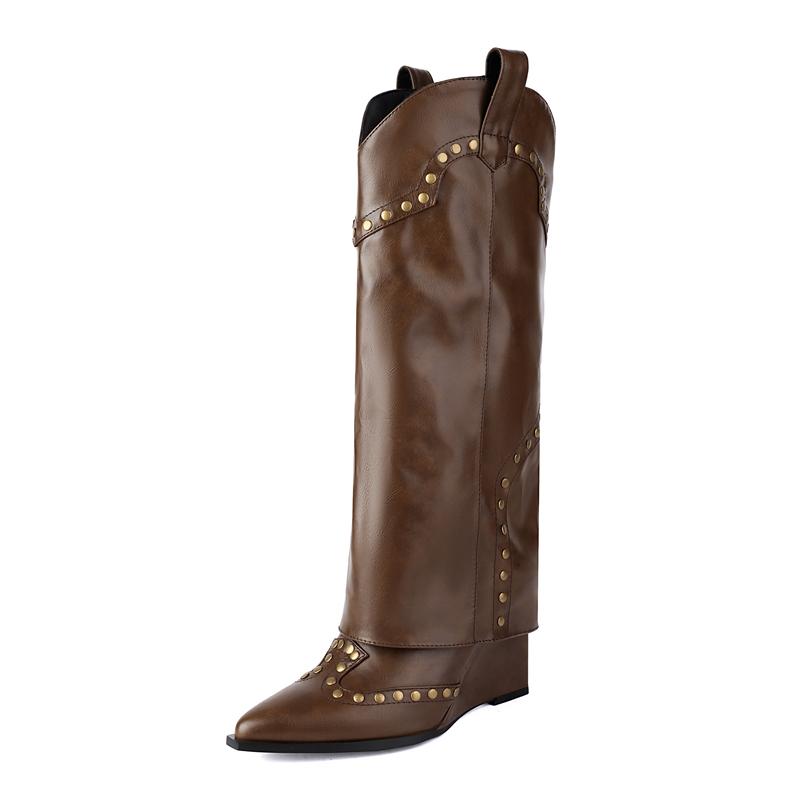 FOREADA Women Knee High Cowboy Boots Pointed Toe Height Increasing High Heels Rivets Western Long Boots Ladies Fashion Shoes Winter 43