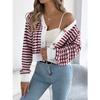 GMXIA Autumn and Winter Color-blocking Striped Lantern Long-sleeved Cardigan Sweater Short Coat Women's Wear