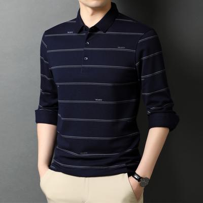Frühling und Herbst Neuer Stil T-Shirt Langarm Mittelalterliche Herren Gestreiftes Unterhemd Dünnes Herren Revers Freizeit Polohemd