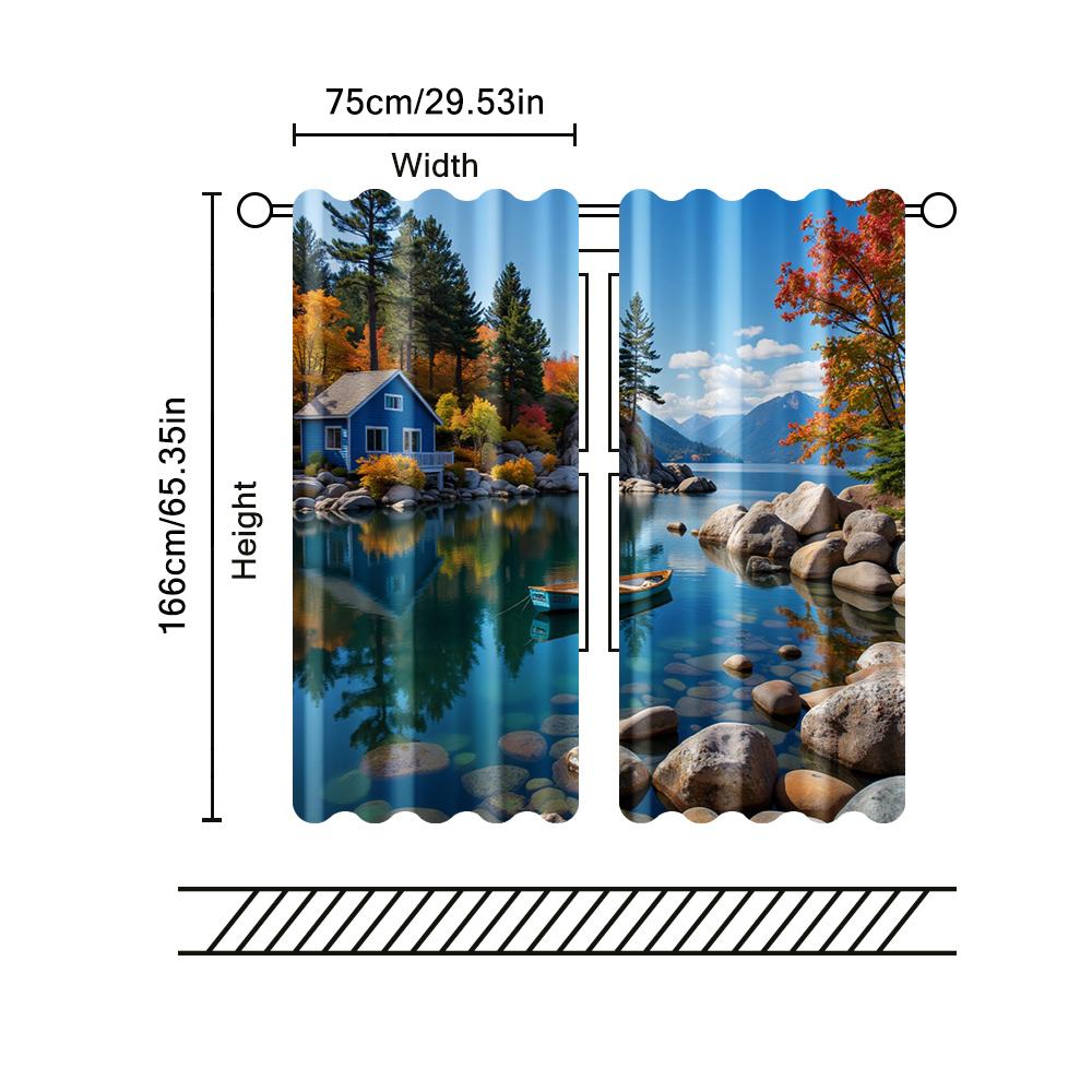 2 Pcs, Filtering Curtains (excluding Rods, Non-movable, Without Batteries) Shoreline Boat Scene for Use In Bedrooms and Living