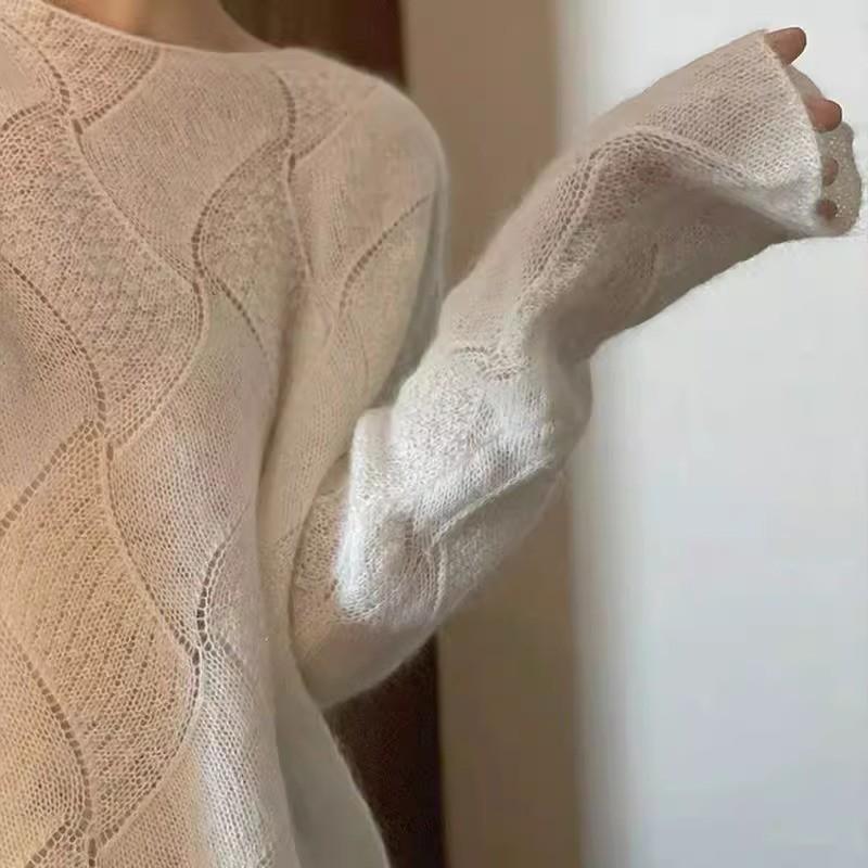 Womens White Knit Sweater Raccoon Wool Blend Hollow Out Loose Fit Long Sleeve Top Early Fall