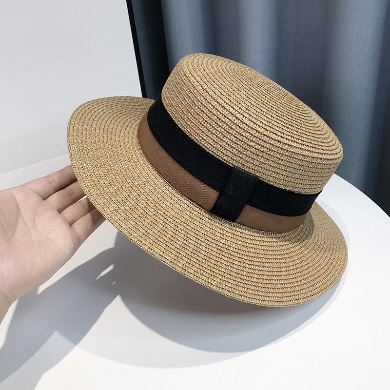 Braided Flat Top Straw Hat - UV Protection, Summer Vacation Style with Letter Logo for Men and Women