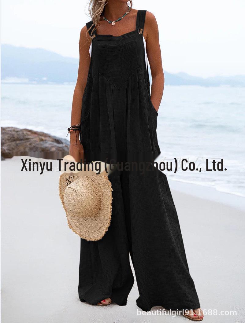 

Женский однотонный комбинезон в этническом стиле на пуговицах с широкими брюками (Лето 2023 г.) L чёрный