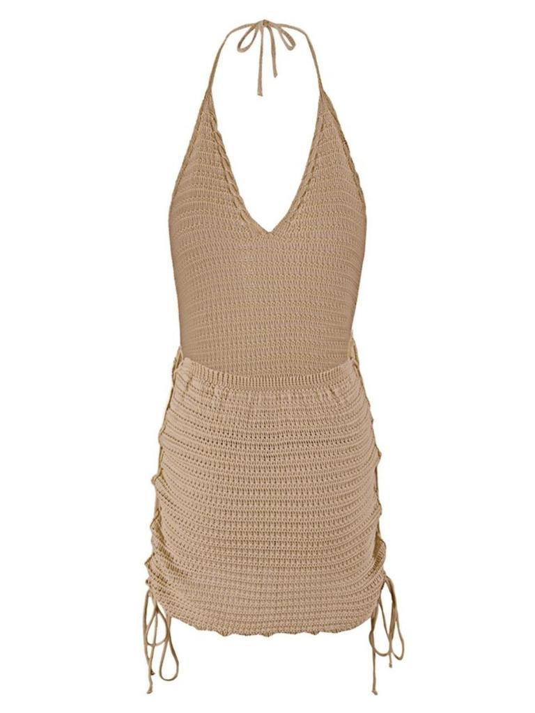 Solid Knitted Halter Deep V-neck Dress 2025 Women Side Cross Straps Fashion Crochet Beach Vacation Crochet Mini Dress K104