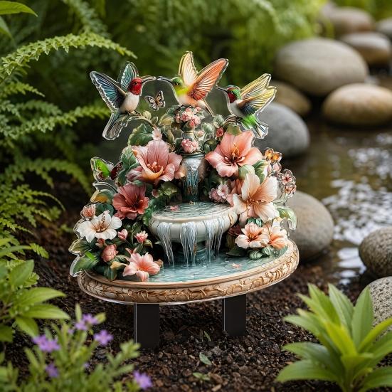 Kolibri-Brunnen Gartenstecker, 2D Acrylblumen und Kolibris Hofkunst-Stecker, Wasserdichte Außenbrunnen-Gartendekoration für Rasenpflanzer