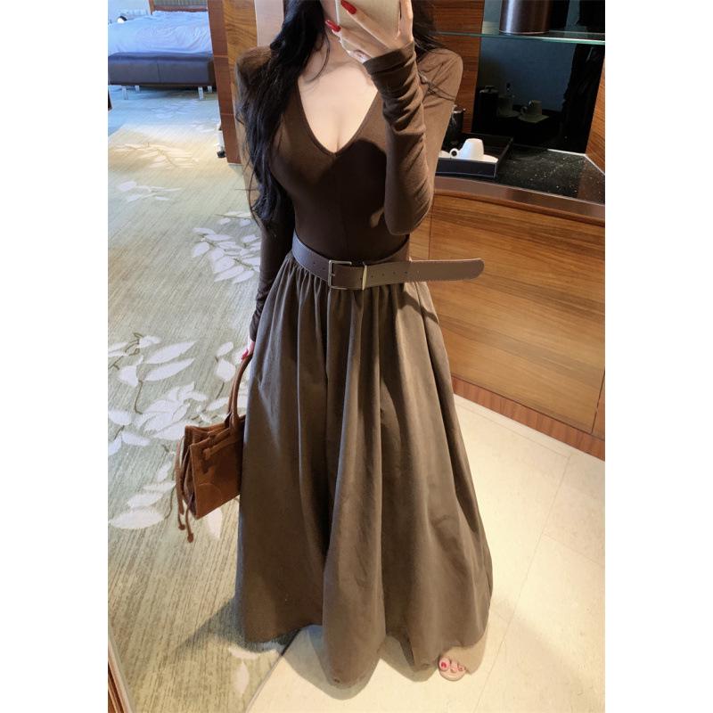 

Autumn/Winter Pure Desire Patchwork Belted Dress - Slimming Long-Sleeve Skirt Medium