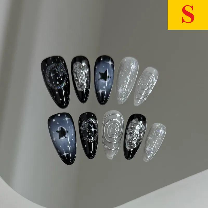 New 10pcs Handmade Wearable Press On Nails Y2k Starry Night Sky Almond Fake Nail Tips Detachable for Sweet Cool Girls&Women