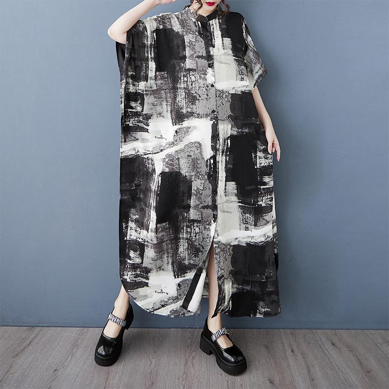 DIMANAF 2025 Damen Übergröße Sommer Locker Hemdkleid Lässiges Druckkleid Basic Vintage Knopf Kurzarm Maxi
