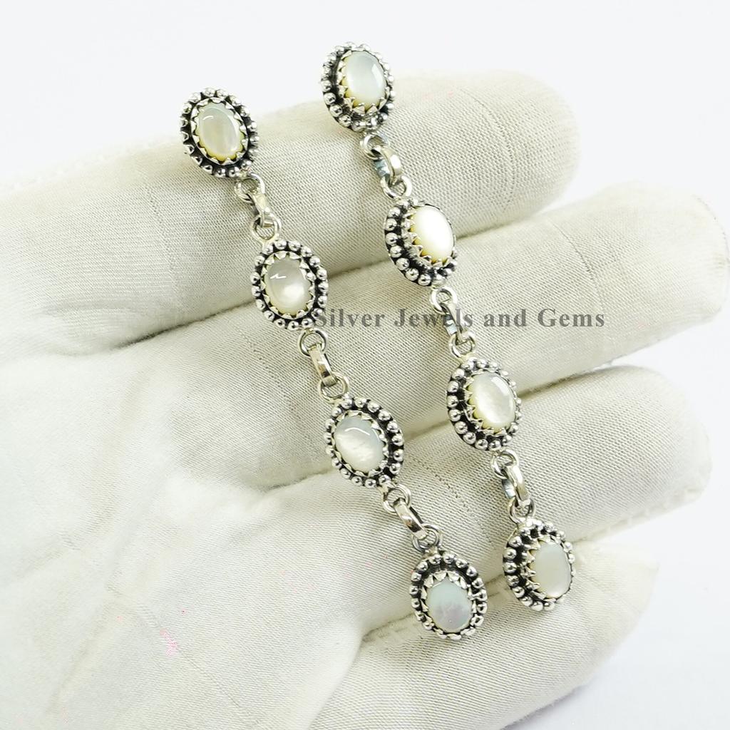 Natural Mother of Pearl Stud, 925 Sterling Silver Long Dangle Stud Earrings