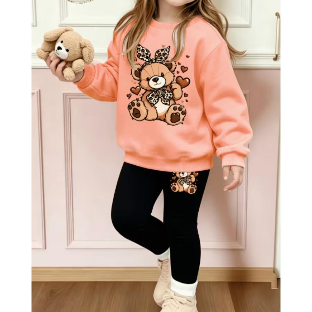Girls' Leopard Bear Casual Comfortable Soft Loose Pullover Sweatshirt and Leggings 2-Piece Set, New Autumn/Winter, Playful, Sweet and Cool Style