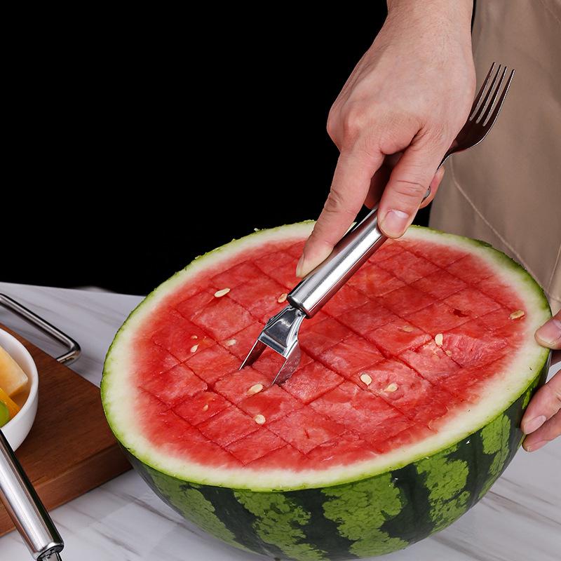 Stainless Steel Watermelon Slicer & Dicer with Fork & Spoon - Home Use Melon Cutting Tool & Meat Scooper