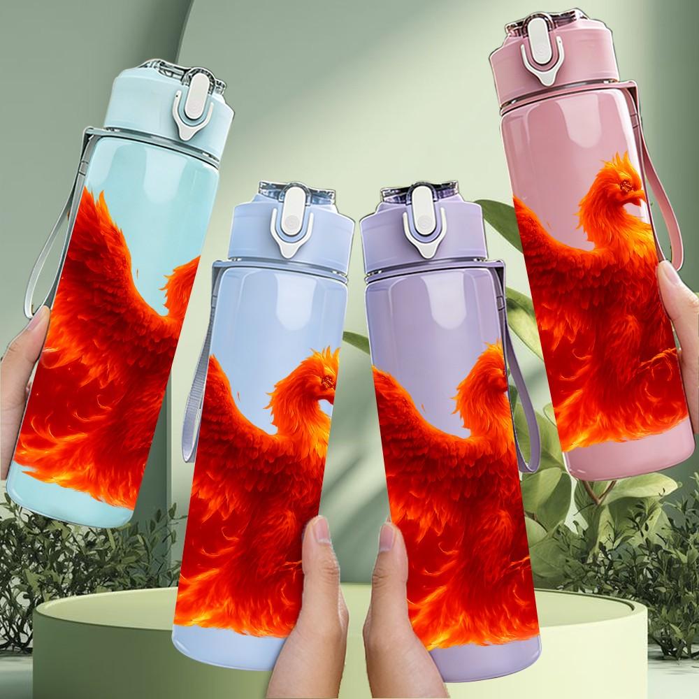1PC Burning Red Phoenix Bird Fantasy Print 750ml Color Plastic Sports Water Bottle Leakproof Flip Straw Lid Suitable for Sports Office Home Use