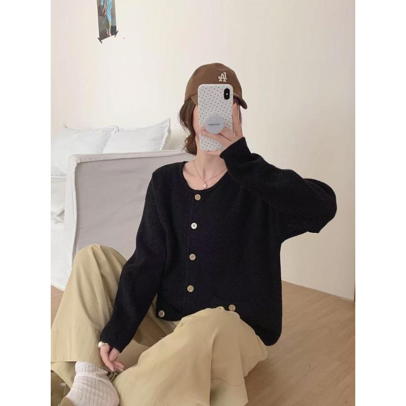 

Autumn and winter new round neck single-breasted knitted cardigan women s loose and thin versatile sweater women s coat women average size чёрный