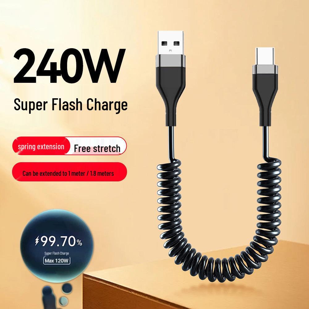 

6A Dual Type-C Fast Charging Spring Cable, PD Compatible, for Apple & Huawei Phones, Retractable Design.