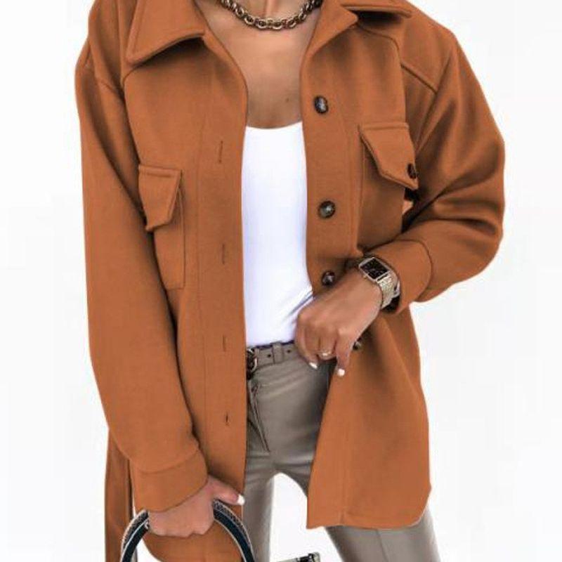 

2025 Темперамент Однотонное Пальто из Шерсти с Лацканами и Пуговицами Caramel M